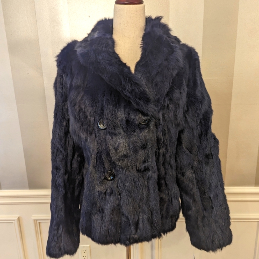 Adrienne Landau Navy Blue Rabbit Fur Jacket